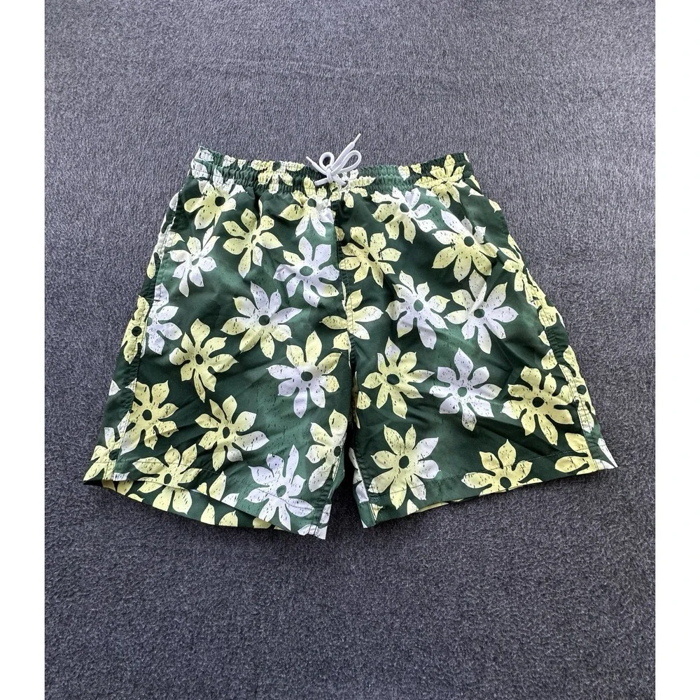 Trunks Swim Shorts Men's Large Green‎ Yellow Floral Quick Dry Elastic Waist